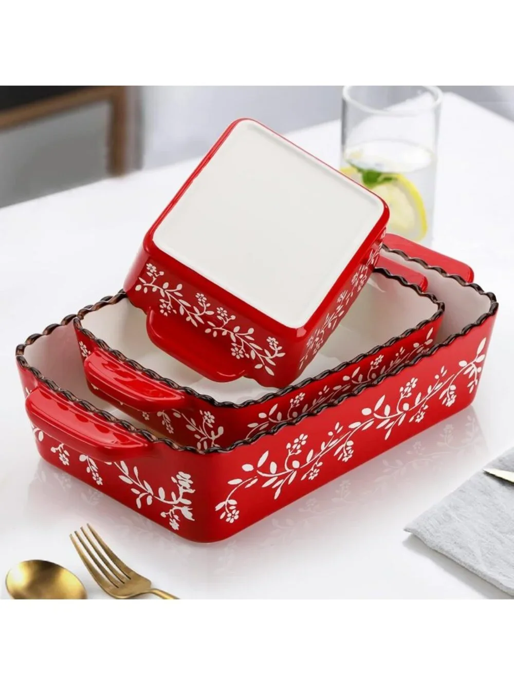 Ceramic Bakeware Set - 3 Rectangular Lasagna & Casserole Dishes, Red, 12